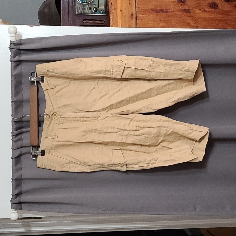 e.col.o.gie Womens Linen Bermuda Shorts Golden Tan Zips Pockets Size 8 EUC